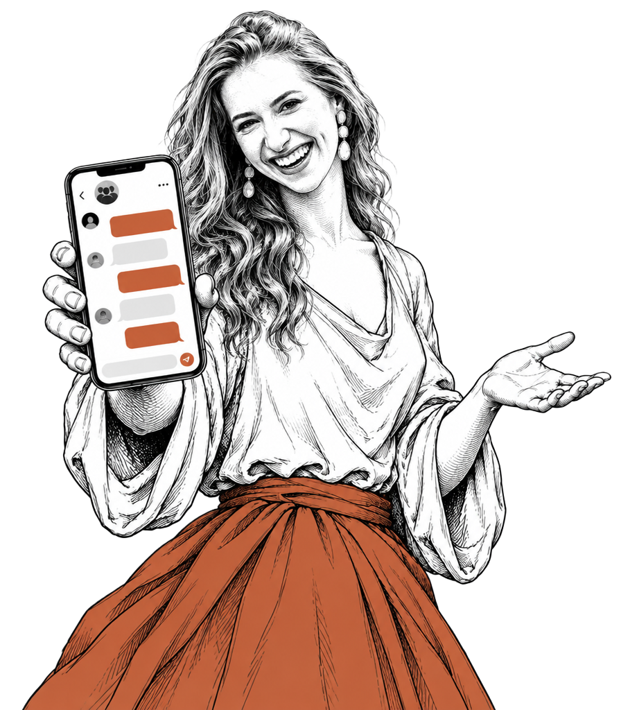 Ilustração da Sabrina mostrando o grupo no celular